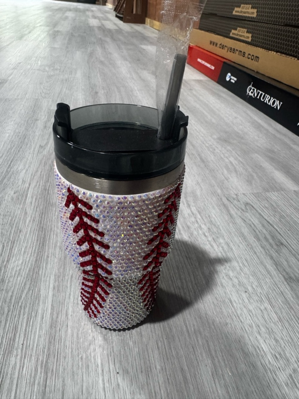 Glitter Baseball Rhinestone Travel Tumbler with Straw - White & Red